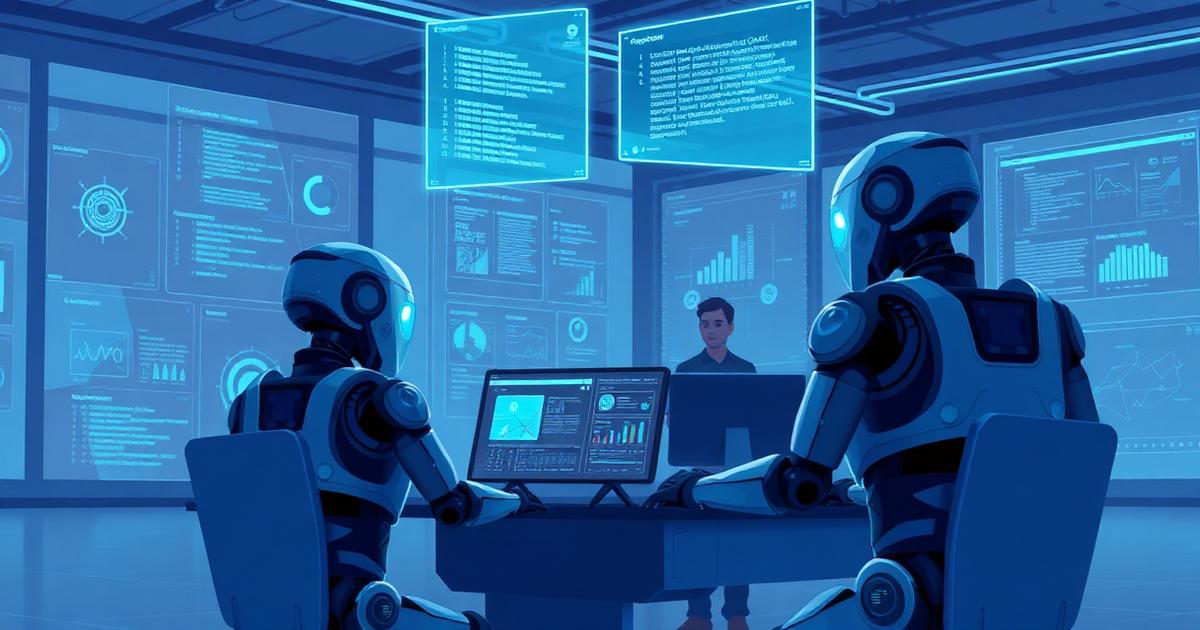 AI agents working in a futuristic office with a solo builder watching from a command center